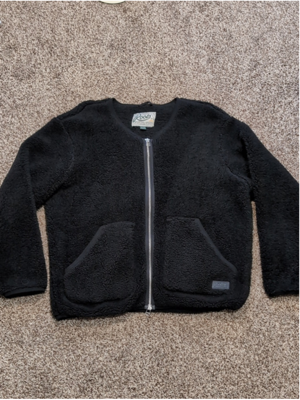 Roots Vintage 90s Sherpa Fleece Jacket Collarless Full Zip Black XL